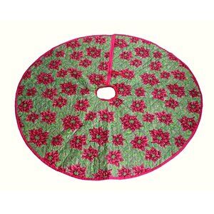 Vintage Christmas Tree Skirt Quilted With Poinsettias Cottage Core Granny